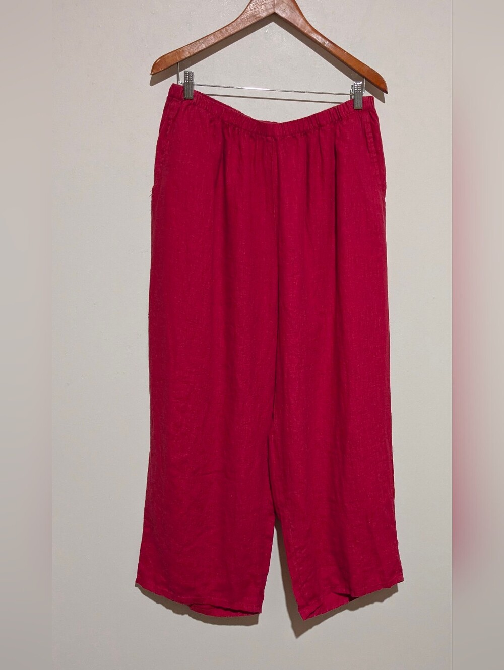 FLAX Dark Pink Linen Summer L Capri Wide Leg Pants Linen Pocket Comfortable